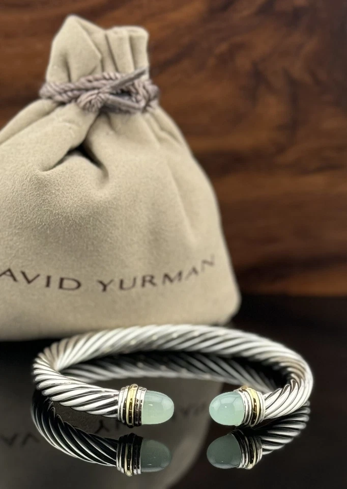 David Yurman pulseira de cabo 7 mm prata esterlina calcedônia e ouro 14k tamanho M - Imagem 1 de 4