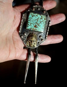 HUGE Old Pawn Southwest Handmade Sterling Silver Turquoise Stone CHIEF Bolo Tie - Picture 1 of 9