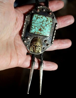 ОГРОМНЫЙ старый палевый юго-запад ручной работы из чистого серебра с бирюзой камень ГЛАВНЫЙ галстук-боло - Изображение 1 из 4