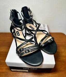 Nine West Lorna Flat Gladiator Sandals 8M Black Leather - Picture 1 of 8