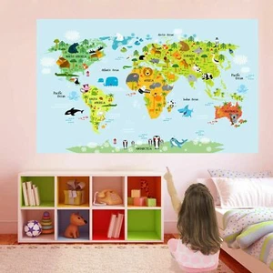 Animals World Map Wall Art Stickers Mural Decal Kids Bedroom School Nursery ES1 - Picture 1 of 1