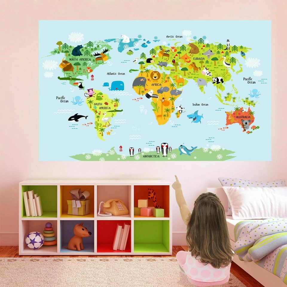 Animals World Map Wall Art Stickers Mural Decal Kids Bedroom School Nursery ES1 - Image 1 of 1