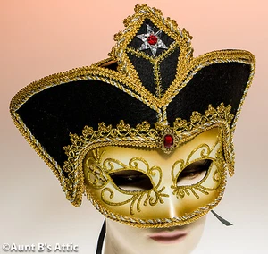 Mardi Gras Mask Gold & Black Fancy Half Face Mask With Attached Hat - Picture 1 of 2