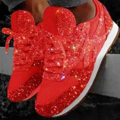 Women Round Toe Wedge Trainers Glitter Sneakers Mesh Flat Sport Shoes Lace Up - Image 1 of 4