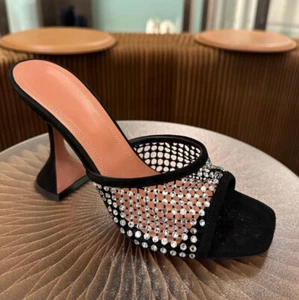 Amina Muaddi Crystal Mesh High Heel Sandals Hollow Mesh Square Head Muller Shoes - Picture 1 of 19