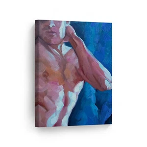 Sexy Muscular Man in Blue Portrait LGBT Half Nude Gay Canvas Wall Art Print - Picture 1 of 7