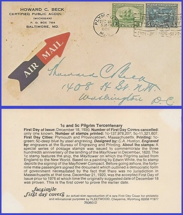 USA5 # 548 ADDR FACSIMILE FDC Combo2  Pilgrim Issue - Image 1 of 1