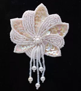Sequins and Pearls Flower Pin on Leather Vintage Item Beautiful Never Used - Picture 1 of 4