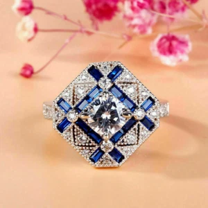 Art Deco Vintage Style Lab Created Diamond Engagement 14K White Gold Finish Ring - Picture 1 of 11
