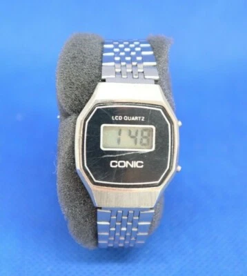 Vintage MONTRE UHR WATCH LCD Quartz CONIC Acier Made Hong-Kong Bracelet Métal  - Photo 1/4