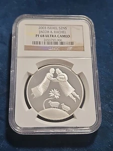 2003 ISRAEL SILVER 2 NEW SHEQALIM JACOB & RACHEL NGC PF 68 ULTRA CAMEO  - Picture 1 of 2