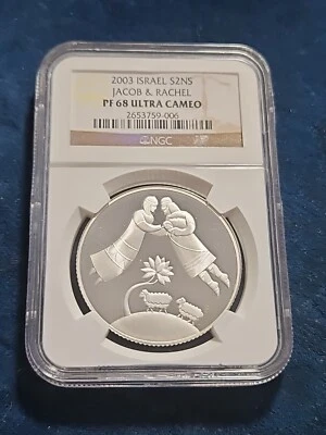 2003 ISRAEL SILVER 2 NEW SHEQALIM JACOB & RACHEL NGC PF 68 ULTRA CAMEO  - Image 1 of 2