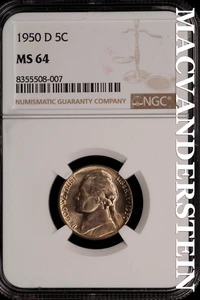 1950-D Jefferson Nickel - NGC MS 64 - Brilliant Unc  No Reserve  #SLi182 - Picture 1 of 2