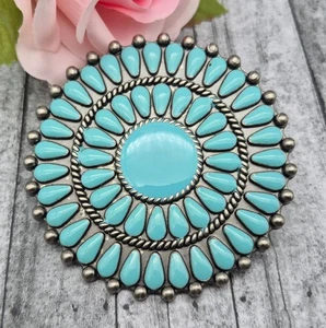Silver Tone & Faux Turquoise Belt Buckle Round Southwest Native Inspired SEE Bac - Picture 1 of 3