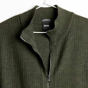 BOSS Hugo Boss “Elfonte” Zip Sweater L Olive Italian Virgin Wool Regular Fit - Picture 1 of 10
