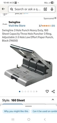 Swingline 3 Hole Punch Heavy Duty, 160 Sheet Capacity Three Hole Puncher 3 Ring, - Image 1 of 4