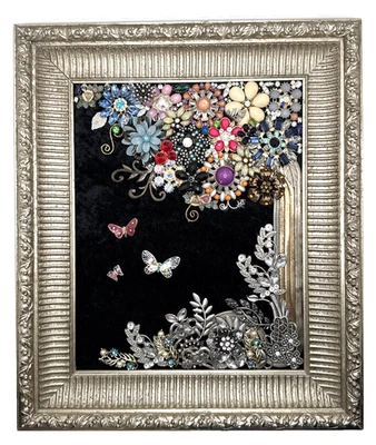 Винтажные ювелирные изделия искусства цветущее дерево в позолоченной деревянной раме OOAK 13 1/8 «x 11 1/8» - Изображение 1 из 4