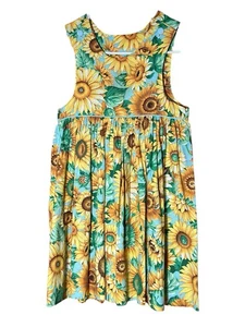 Homemade Vintage Dress Girl’s 6-8 Green Yellow Sunflowers Cotton Sundress - Picture 1 of 7