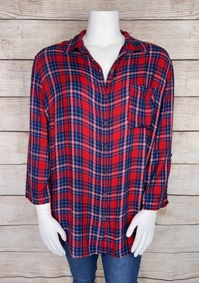 Faded Glory Women's 2XL Soft Red White Blue Plaid Button Down Rayon Shirt Blouse - Image 1 of 4