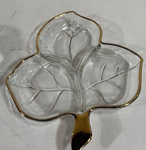 Vintage Clear Glass Leaf Dish Trimmed in 24kt Gold - Picture 1 of 1