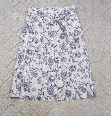 Falda Cynthia Rowley Mujer L Blanca Azul Floral Lino Midi Abotonada Playa Foto 1 de 4