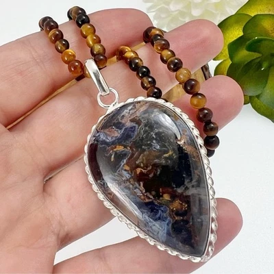 Raro Collar Colgante Pietersita Calidad Superior Plata de Ley Sólida 925 Pera Nuevo Foto 1 de 4