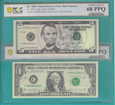 $1 and $5 2X Matching LOW Serial Number 4 Digit 00004366 PCGS Graded 68/65PPQ - Image 1 of 2