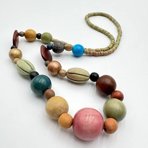 Vintage Chunky Wooden Wood Bead Necklace Bubble Gum Ball Watermelon Multi Shape - Picture 1 of 18