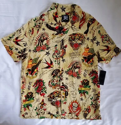 Camisa DON ED HARDY Hombres Tatuaje Obra de Arte Gráfica Manga Corta Beige Caqui Talla M L XL Foto 1 de 2