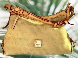 Dooney & Bourke Yellow Jacquard Handbag w Leather Handle & Trim Pre Owned - Picture 1 of 8