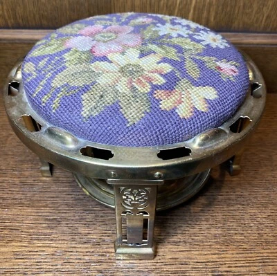 Antique Victorian Brass Foot Stool Ottoman Floral Needlepoint Tapestry 6"x 10" - Image 1 of 4