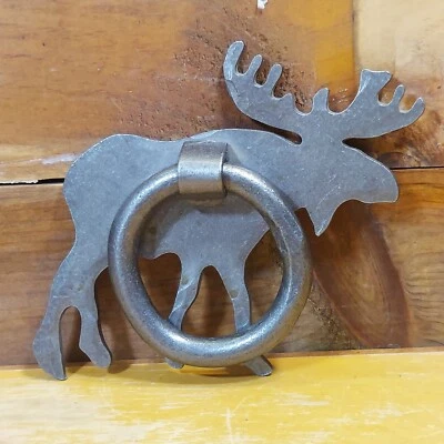Moose Door Knocker Steel Iron Flat Bull with Large ring RUSTIC LODGE CABIN - Image 1 of 4