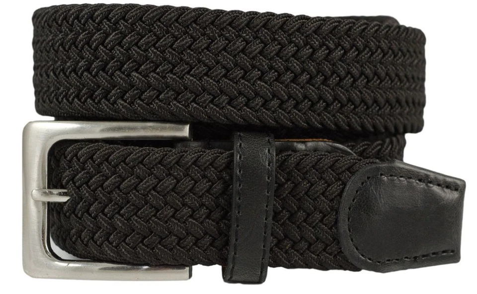 Cinturón elástico elástico de 1 1/4" de ancho para hombre con hebilla pulida y lengüetas de cuero - negro Foto 1 de 1