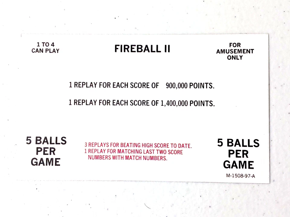 FIREBALL II (Bally) SCORE CARDS  - 11 CARD SET - Image 1 of 1