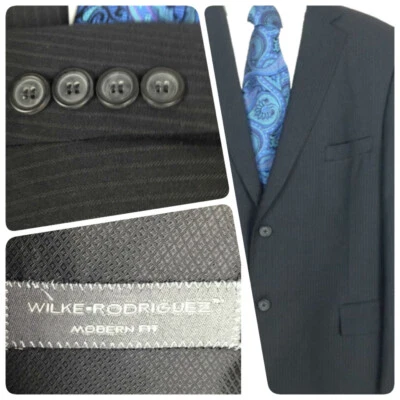 Traje Chaqueta Wilke Rodriguez Para Hombre Azul Marino Medianoche a Rayas 46R Ajuste Moderno #0401 Foto 1 de 4