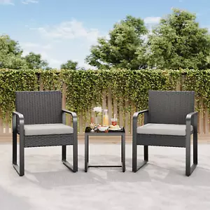 3 Pieces All-Weather Outdoor Patio Bistro Wicker Chairs with Glass Table - Picture 1 of 12