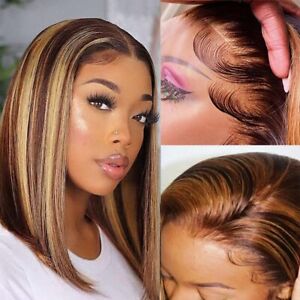 4/27 Ombre Highlight Bob Straight Wig Human Hair Natural Hairline Lace Front Wig