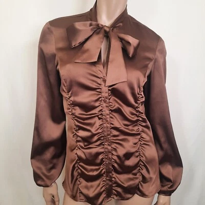 Y2K Le Chateau Brown Satin Pussy Bow Blouse Womens M Ruched Button Up V Neck - Image 1 of 4
