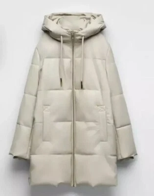 ZARA FW21 ECRU FAUX LEATHER HOODED PUFFER COAT WITH ZIPPED POCKETS SIZE S - Image 1 of 3