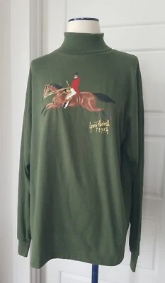 Camisa ecuestre pintada a mano verde cuello alto vintage 1994 XL caballo y jinete Foto 1 de 4