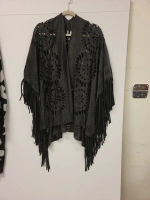 Black Faux Suede Poncho Laser Cut Fringe Shawl Cape Open Front Women Fashion - Image 1 of 4