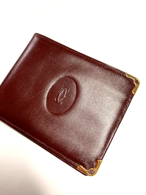 CARTIER VINTAGE MUST CC EMBOSSED LEATHER WALLET BIFOLD CARD FRANCE BURGUNDY RED - Image 1 of 4