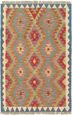 Alfombra vintage geométrica tejida a mano alfombra tradicional Kilim de lana de 3'4" x 4'10" Foto 1 de 4