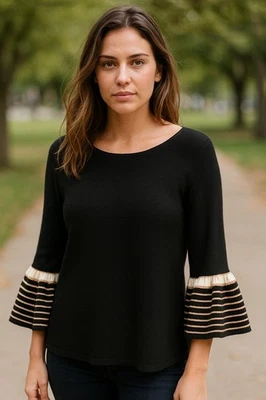 Top suéter tejido Elle para mujer talla M negro estilo manga 3/4 rayas Foto 1 de 4