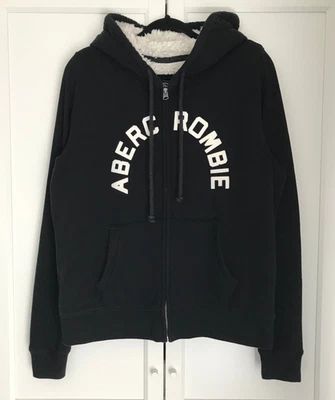 Abercrombie & Fitch Men L Sherpa Lined Full Zip Logo Hoodie Sweater Jacket Black - Image 1 of 4