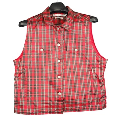 Tommy Hilfiger Vest XL Tartan Red Plaid Sleeveless Button Up Zipper Pockets - Image 1 of 4