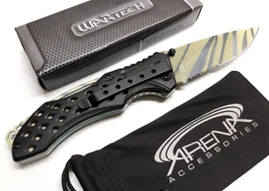 Gold Tiger Stripe Pocket Knife EDC Serrated Blade Spring Assisted - Picture 1 of 4