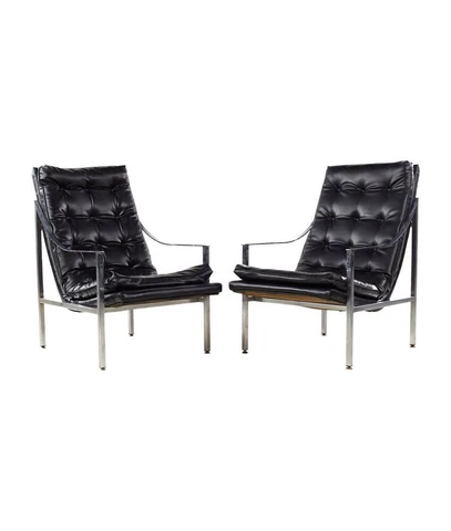 Milo Baughman Style Mid Century Chrome Tufted Lounge Chairs - Pair Cover
