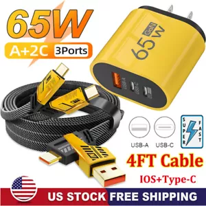 65W Fast Type C Wall Charger,4-In-1 Cable For Motorola Moto G Play/Stylus/Power - Picture 1 of 28