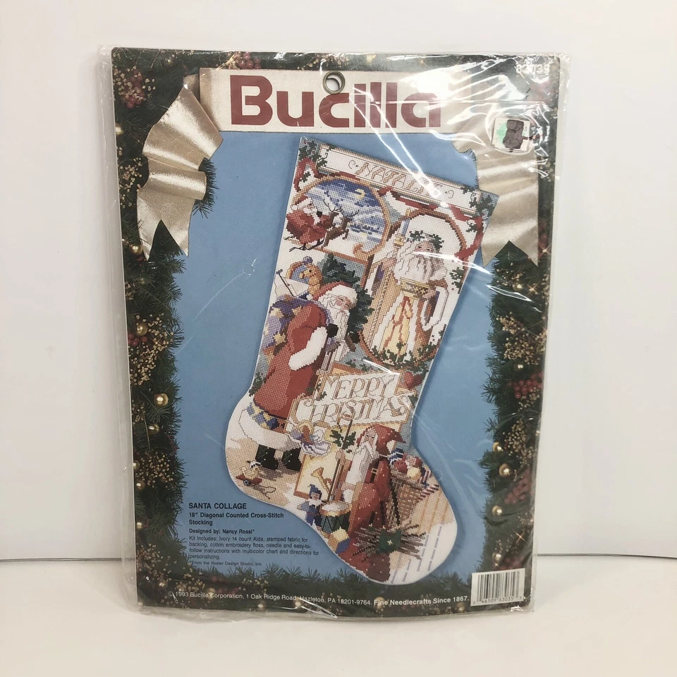 Bucilla Santa Collage Counted Cross Stitch Stocking 1993 Nancy Rossi 83035